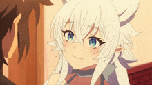 a girl with white hair and blue eyes looks at the camera