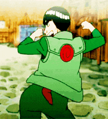 a cartoon character is flexing his muscles while wearing a green vest with a red circle on the back .