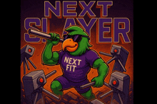 a cartoon illustration of a green bird holding a barbell with the words next fit written on it