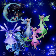 a group of fairies are dancing in front of a moon