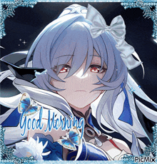 a picture of a girl with a bow on her head and the words good morning on the bottom