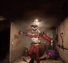 a robotic clown is standing in a room with graffiti on the wall that says ' bump ' on it