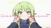 a cartoon of a girl with green hair being stretched by a person