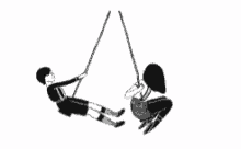 a black and white drawing of a boy and a girl swinging on a swing .