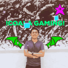 a man with his arms crossed stands in front of a sign that says coal gaming