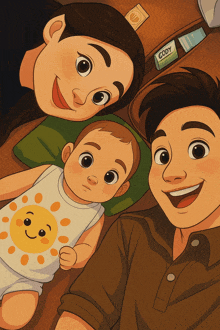 a cartoon drawing of a family with the baby wearing a sun shirt