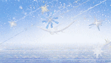 a painting of a bird flying in a blue sky