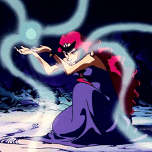 a woman with red hair and a purple dress is surrounded by blue smoke