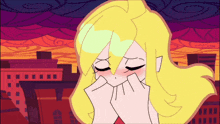 a cartoon drawing of a girl with blonde hair covering her face with her hands