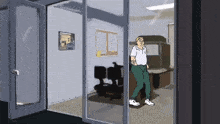 a man with a tattoo on his arm is standing in a doorway in an office