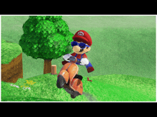 mario is riding a scooter in a video game with a tree in the background