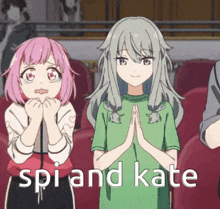 a couple of anime girls standing next to each other with the words spi and kate in the corner