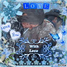 a picture of a couple hugging with the words love with love