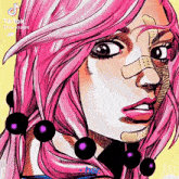 a drawing of a woman with pink hair and purple beads