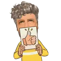 a cartoon of a man holding up a paper with a thumbs up on it