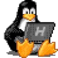 a pixel art penguin is using a laptop with the letter h on it