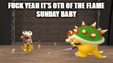 a video game scene with a caption that says " fuck yeah it 's out of the flame sunday baby "