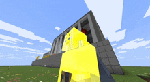 a yellow object is in front of a large building in a video game