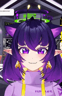 a girl with purple hair is wearing a sweater that says 112 145 on it
