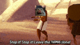 a cartoon of a man with a picture of a pig on his head saying stop it stop it leave the tuomas alone
