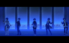 five anime characters are dancing in front of a window