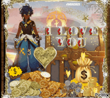 a picture of a man standing in front of a treasure chest with the words i love you written on it