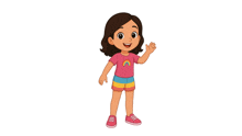 a little girl in a pink shirt with a rainbow on it is waving