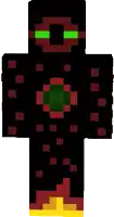 a black and red minecraft skin with green eyes and a green circle in the middle of it .