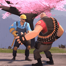 a man in overalls and a hard hat shakes hands with another man