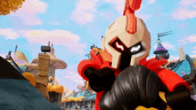 a cartoon character wearing a red and white helmet with a black face