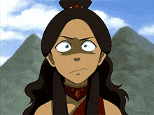 a close up of a cartoon character with mountains in the background