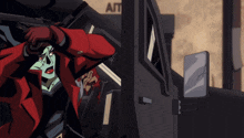 a cartoon drawing of a man in a red coat holding a gun in front of a sign that says " att "