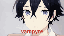 a close up of a person with the word vampire in red letters