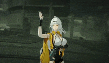 a girl with white hair and a yellow jacket is standing next to another girl with long black hair