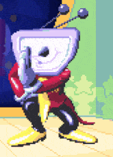 a pixel art drawing of a cartoon character with a television head
