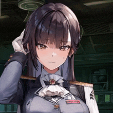 a girl in a military uniform has a badge on her chest that says marslana