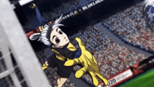 a cartoon character is flying through the air in a stadium .