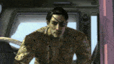a man in a snakeskin shirt has a tattoo on his eye