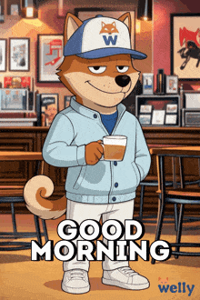 a cartoon of a dog holding a cup of coffee with the words " good morning " below him