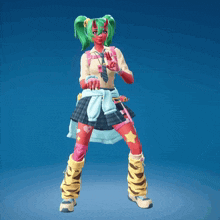 a girl with green hair and horns is holding a pair of scissors in her hand
