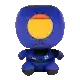 a blue stuffed animal with a yellow circle in the middle of its face .
