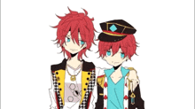 two anime characters are standing next to each other with one wearing a hat