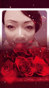 a woman is surrounded by red roses in a frame