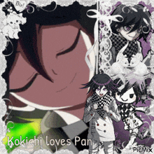 a picture of kokichi loves pan with a purple background