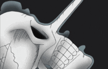 a black and white drawing of a skull with a long horn