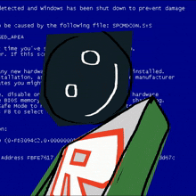a blue screen with a smiley face and the words " detected and windows has been shut down to prevent damage " on it