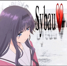 a girl with purple hair stands in front of sybau