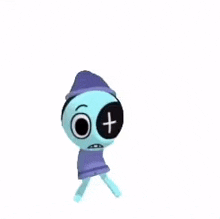 a 3d cartoon character with a purple hat and a cross on his face .
