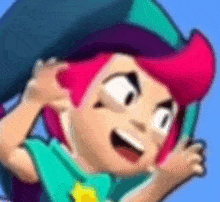 a close up of a cartoon character with pink hair wearing a hat and tie .