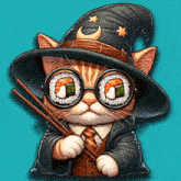 a cat wearing a witch hat and glasses holds chopsticks and sushi in its eyes